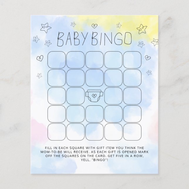 Minimalist Watercolor Blue Bingo Baby Shower Game (Front)