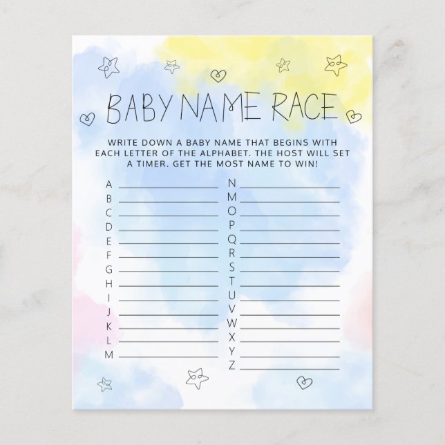 Minimalist Watercolor Blue Name Baby Shower Game (Front)