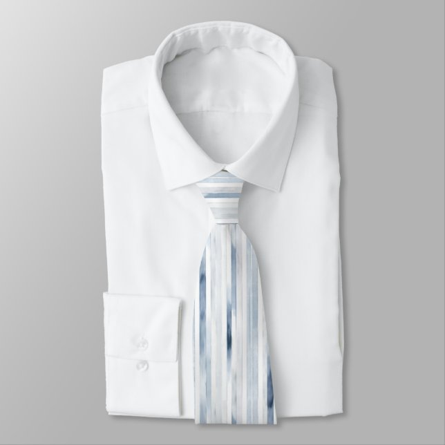 Minimalist Watercolor Blue Stripe Pattern Neck Tie (Tied)