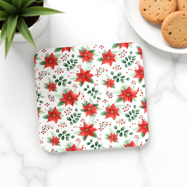 Minimalist Watercolor Botanical Poinsettia  Beverage Coaster (Creator Uploaded)