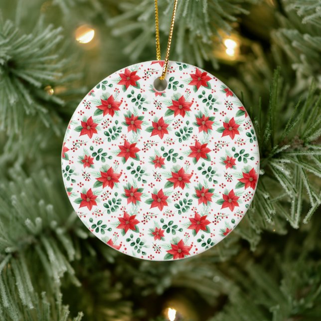 Minimalist Watercolor Botanical Poinsettia Ceramic Ornament (Tree)