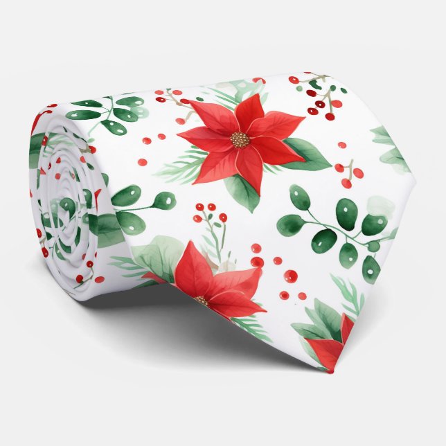 Minimalist Watercolor Botanical Poinsettia Neck Tie (Rolled)