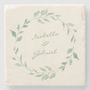 Minimalist Watercolor Botanical Wreath with Names Stone Coaster