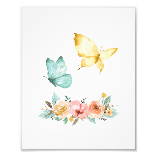 Minimalist Watercolor Butterfly Flowers Nature Photo Print (Front)