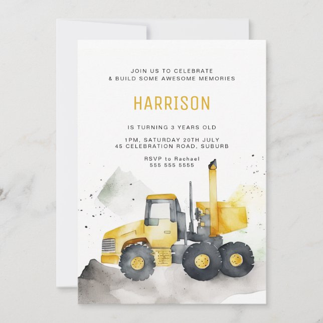 Minimalist Watercolor Cement Truck Birthday Invitation (Front)