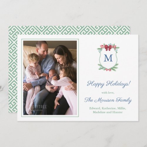 Minimalist Watercolor Christmas Crest Family Photo Holiday Card