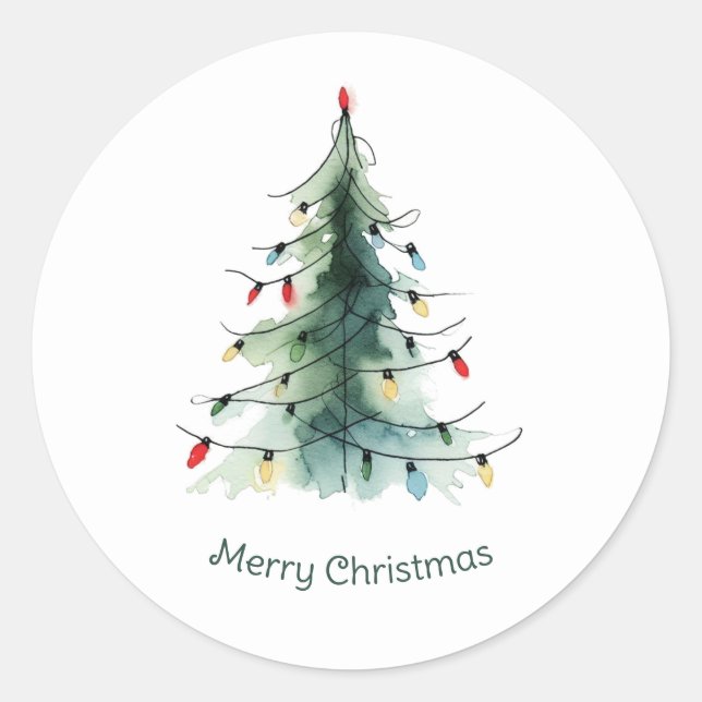 Minimalist Watercolor Christmas Tree Classic Round Sticker (Front)