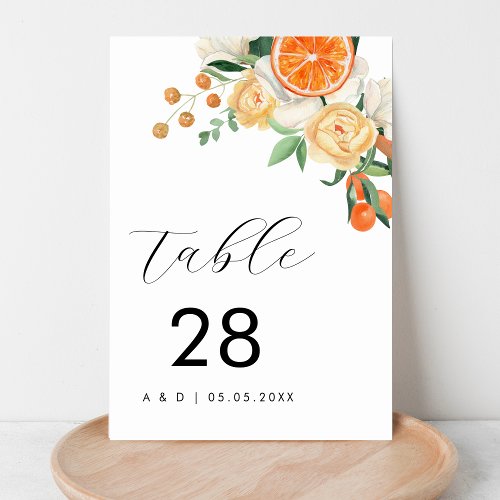 Minimalist Watercolor Citrus Floral Wedding    Table Number