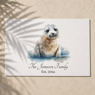 Minimalist Watercolor Coastal Ocean Seal Pup Doormat