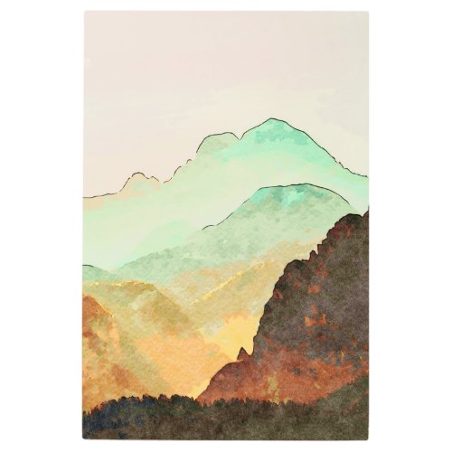 Minimalist Watercolor Copper Mountains Landscape  Metal Print
