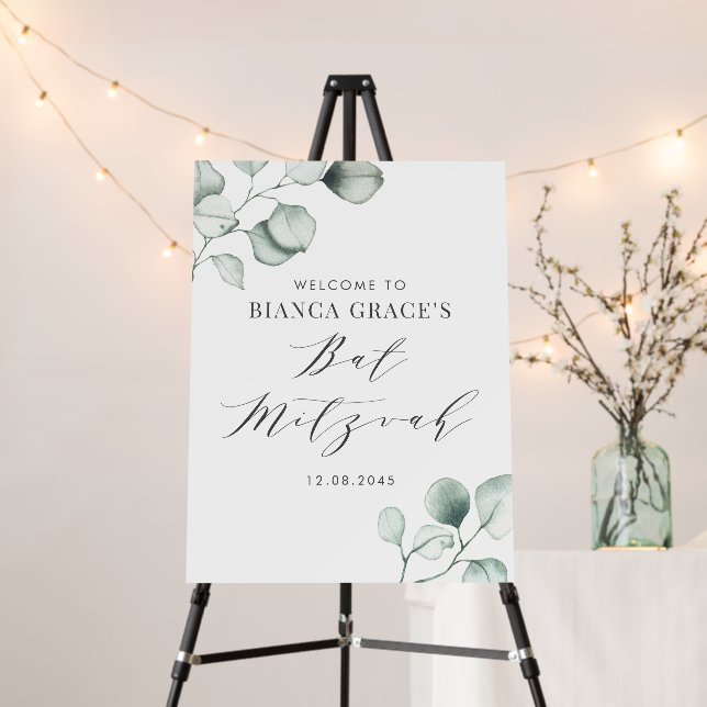 Minimalist Watercolor Eucalyptus Bat Mitzvah Foam Board (In Situ (Stand))