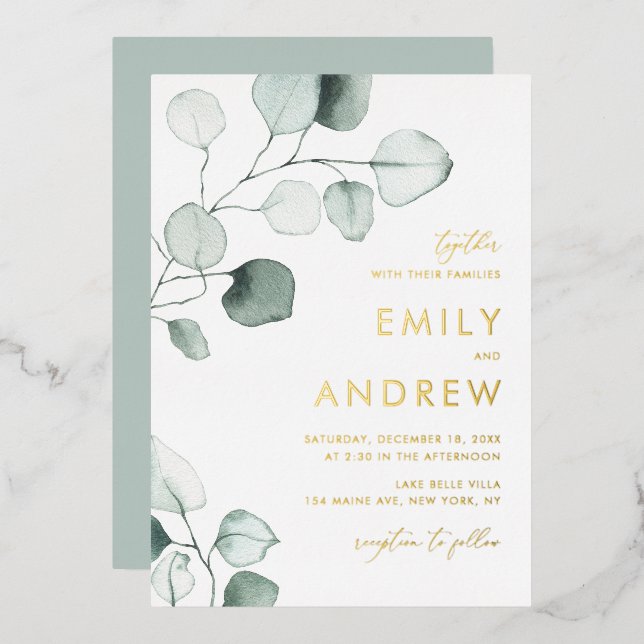 Minimalist Watercolor Eucalyptus Leaves Wedding Foil Invitation (Front/Back)