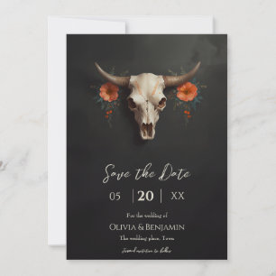 Minimalist Watercolor Floral Cow Skull Wedding Save The Date
