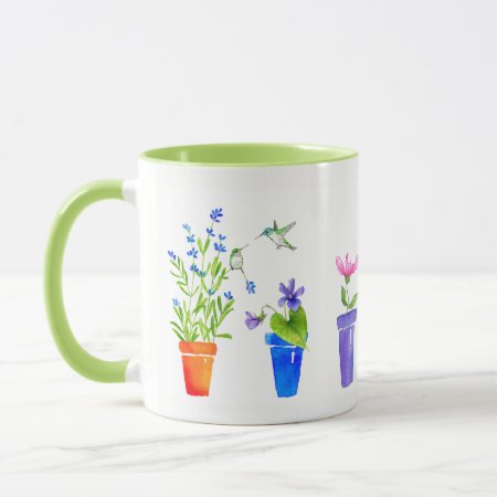 Minimalist Watercolor Flowerpots And Hummingbirds Mug