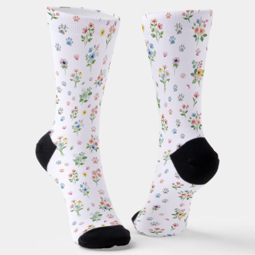 Minimalist Watercolor Flowers and Paw Prints Crew  Socks