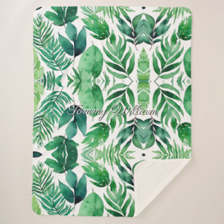 Minimalist Watercolor Green Leaves Sherpa Blanket