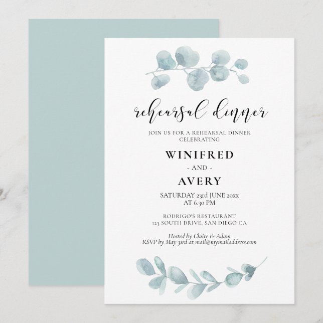 Minimalist watercolor greenery rehearsal dinner invitation (Front/Back)