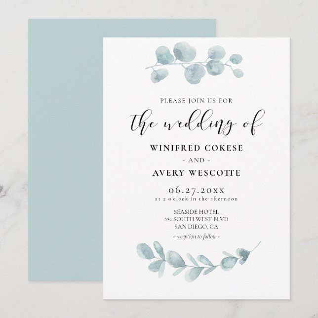 Minimalist watercolor greenery wedding invitation (Front/Back)