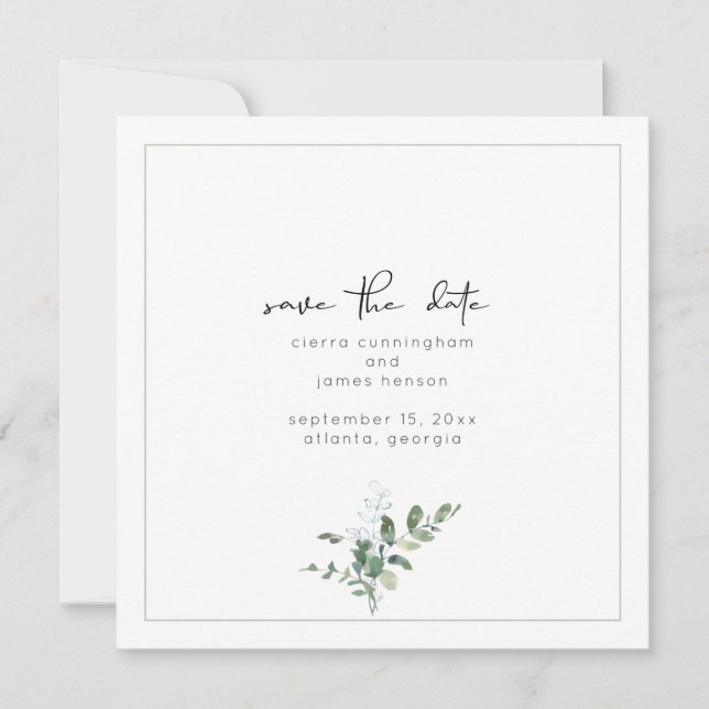 Minimalist Watercolor Greenery Wedding Save The Date (Front)