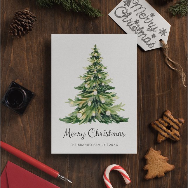 Minimalist Watercolor Merry Christmas Tree  Holiday Card (Creator Uploaded)