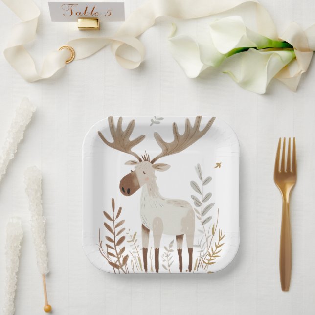 Minimalist Watercolor Moose Paper Plates (Wedding)
