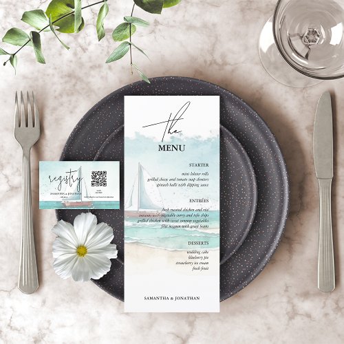 Minimalist watercolor ocean and beach wedding menu