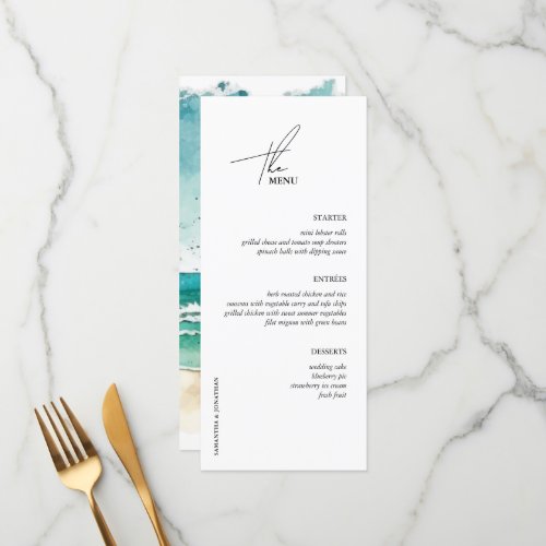 Minimalist watercolor ocean and beach wedding menu