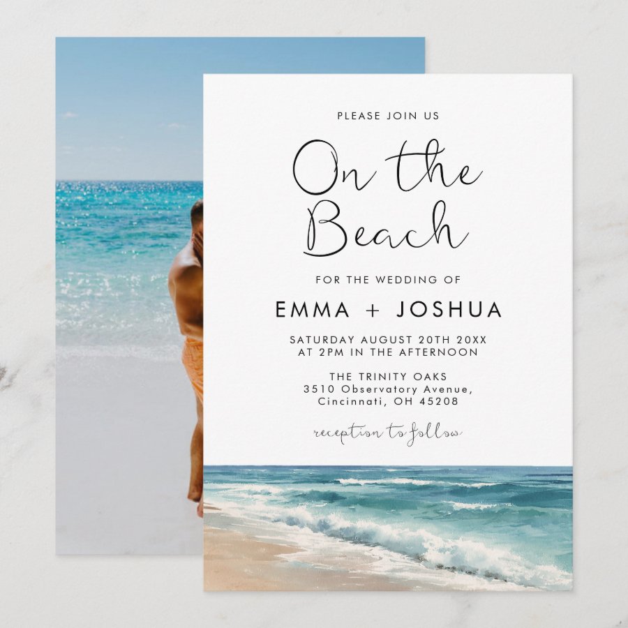 Minimalist Watercolor On The Beach Photo Wedding Invitation