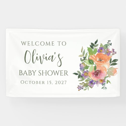 Minimalist Watercolor Orange Floral Baby Shower Banner