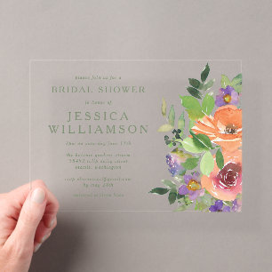 Minimalist Watercolor Orange Floral Bridal Shower Acrylic Invitations