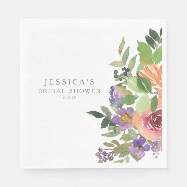 Minimalist Watercolor Orange Floral Bridal Shower Napkins (Front)