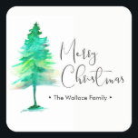 Minimalist Watercolor Pine Tree Merry Christmas Square Sticker<br><div class="desc">Personalize this minimalist,  simple and chic Holiday Sticker,  featuring my airy watercolor pine tree with modern script for "Merry Christmas",  customize the family name and use this for loot bags,  gifts,  treats,  and other Festive stationery. Green painting on white.</div>