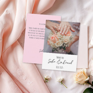 Minimalist watercolor pink flower wedding photo thank you card