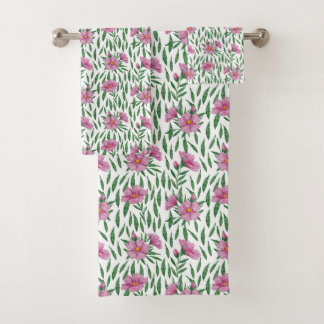 Minimalist watercolor pink, green floral pattern bath towel set