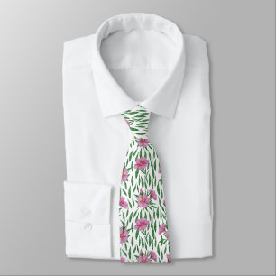 Minimalist watercolor pink, green floral pattern neck tie
