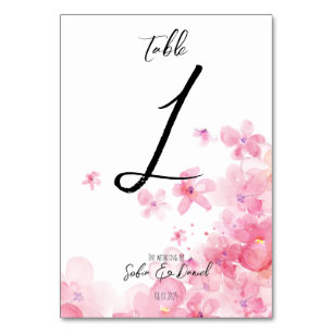 Minimalist watercolor pink wildflower wedding table number