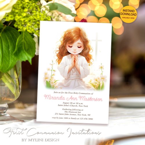 Minimalist Watercolor Praying Girl First Communion Invitation