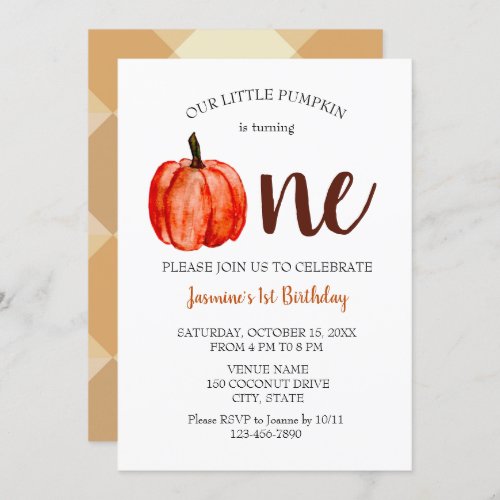 Minimalist Watercolor Pumpkin First Birthday Fall Invitation