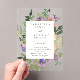 Minimalist Watercolor Purple Chic Floral Wedding Acrylic Invitations