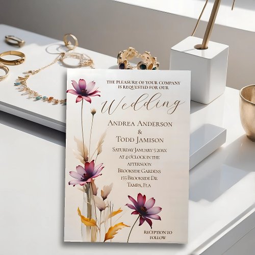 Minimalist watercolor purple flower wedding invitation