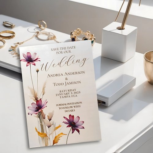 Minimalist watercolor purple flower wedding save the date