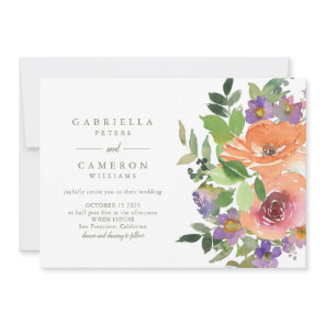 Minimalist Watercolor Purple Orange Floral Wedding Invitation