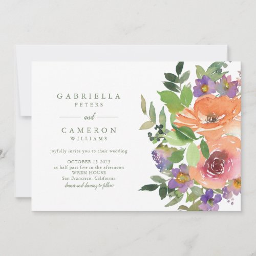 Minimalist Watercolor Purple Orange Floral Wedding Invitation