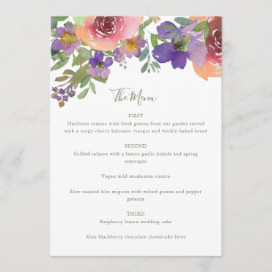Minimalist Watercolor Purple Orange Floral Wedding Menu