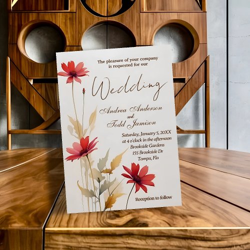 Minimalist watercolor red flower wedding invitation