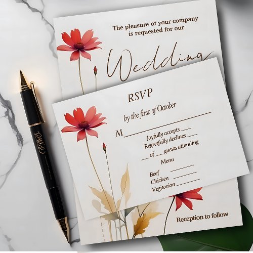 Minimalist watercolor red flower wedding RSVP card