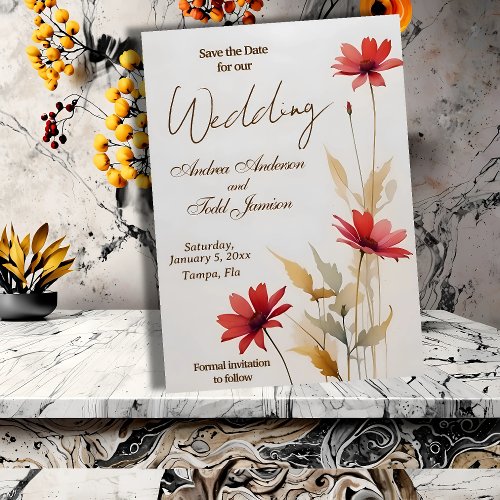 Minimalist watercolor red flower wedding save the date