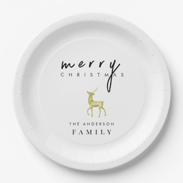 Minimalist Watercolor Reindeer Merry Christmas Paper Plates (Front)