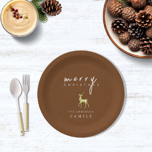 Minimalist Watercolor Reindeer Merry Christmas Paper Plates