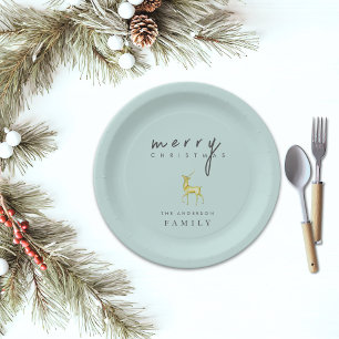 Minimalist Watercolor Reindeer Merry Christmas Paper Plates